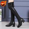 Women's Leather Faux Fur Lined Boots Over-the-Knee High Heel Boots with Anti-Slip Sole Trendy Long Boots for Autumn Winter
