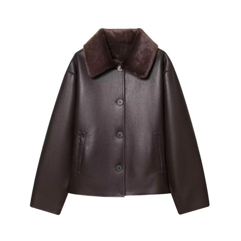 Womens Faux Leather Reversible Jacket Double-sided Thick Winter Coat Regular Fit XS S M L
