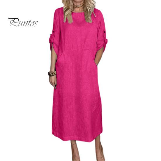 

Осень-весна женское платье с коротким рукавом и запонками вокруг шеи однотонное свободное свободное повседневное платье миди с большим карманом 2XL розы красного