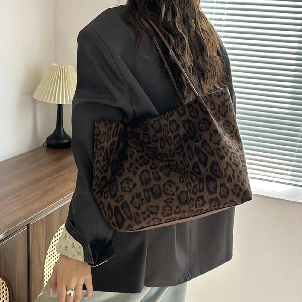 Retro Leopardenmuster Schultertasche Wildleder Große Kapazität Tragetasche Magnetischer Verschluss Verdicktes Design Damen Handtasche