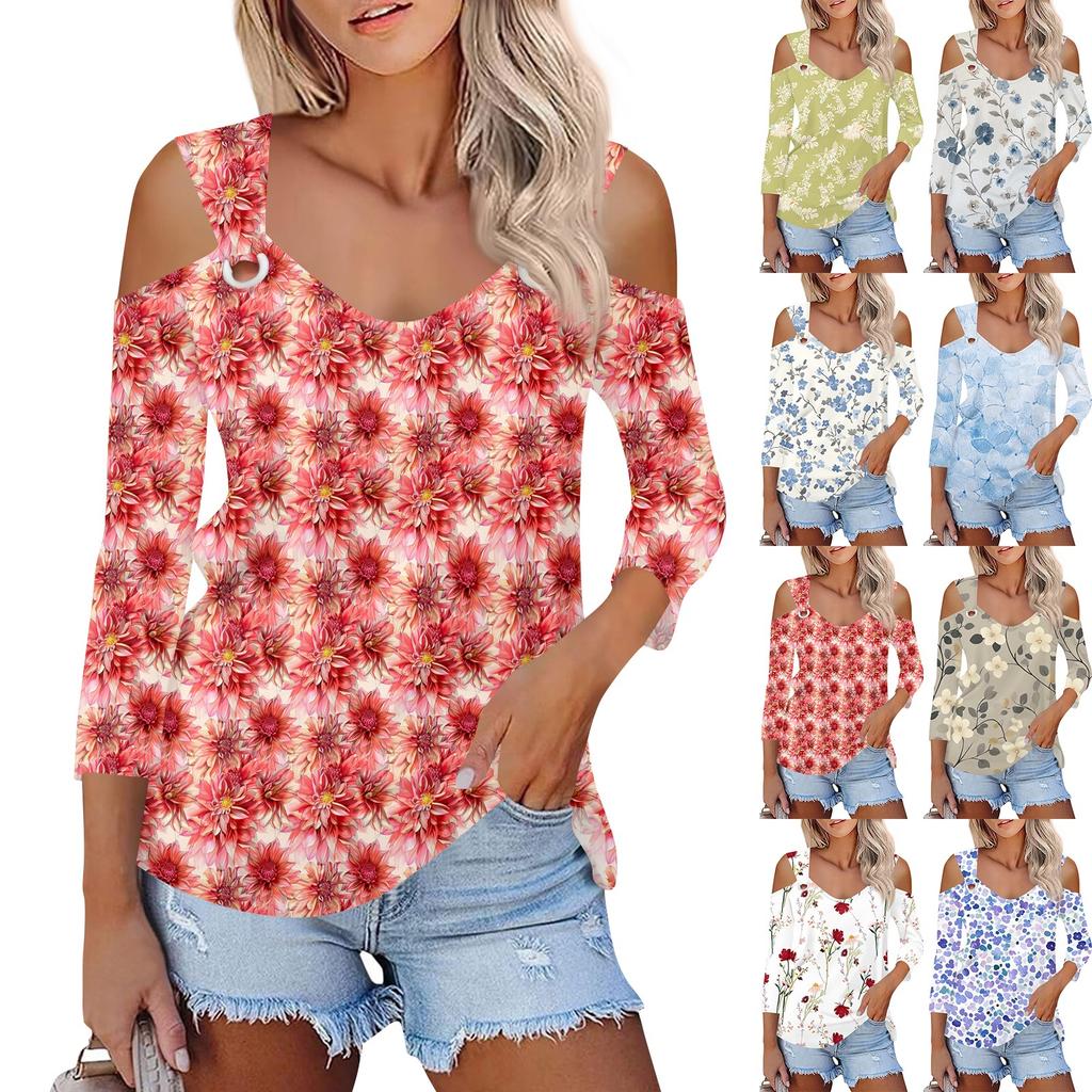 Dámská ležérní košile halenka s potiskem výstřih do V Sexy top se studeným ramenem, 3/4 rukáv