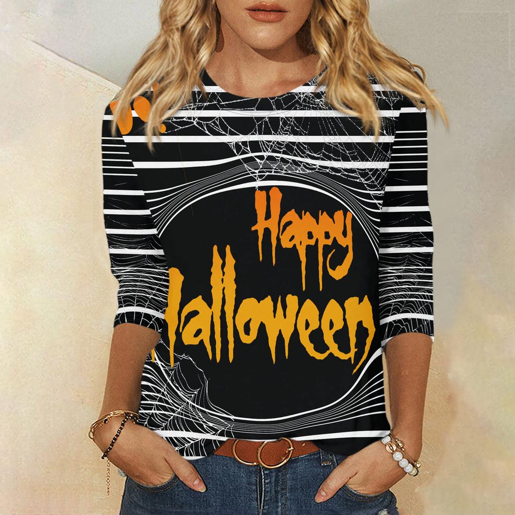 2024 New Women's Halloween Long Sleeve T-Shirt Spider Web Print Round Neck Casual Basic Loose Ladies Designer Tops