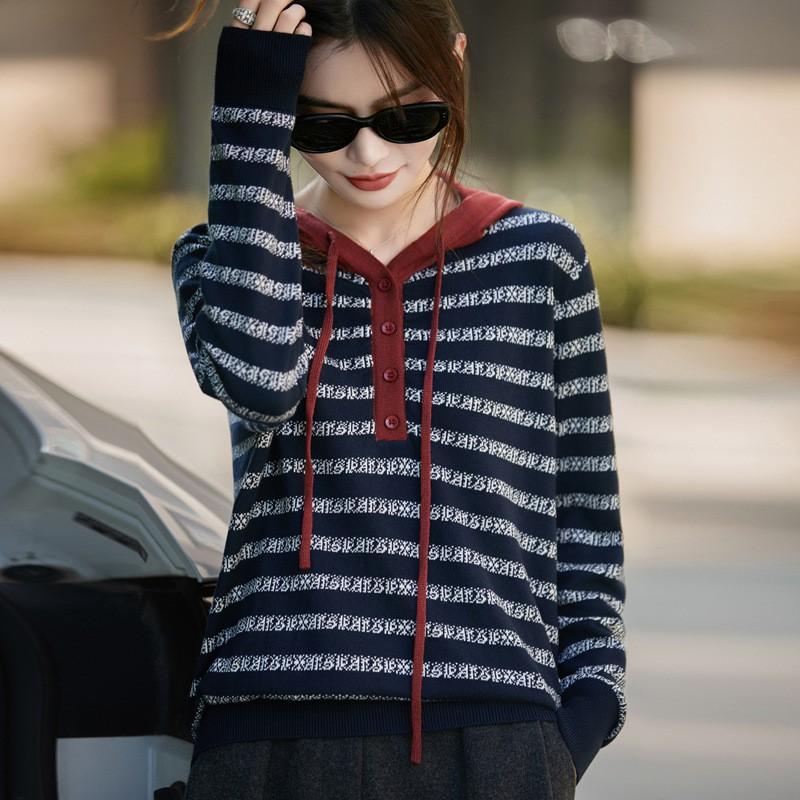 Womens Striped Hooded Wool Blend Knit Sweater Casual Oversized Pullover Top Office Daily Wear