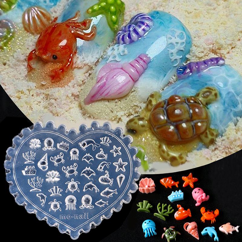 1 Piece Cute Sea Conch Jellyfish Nail Art Moulds Ocean Theme 3D Silicone Nail Carving Mold Marine Creature Crafting Diy Tool