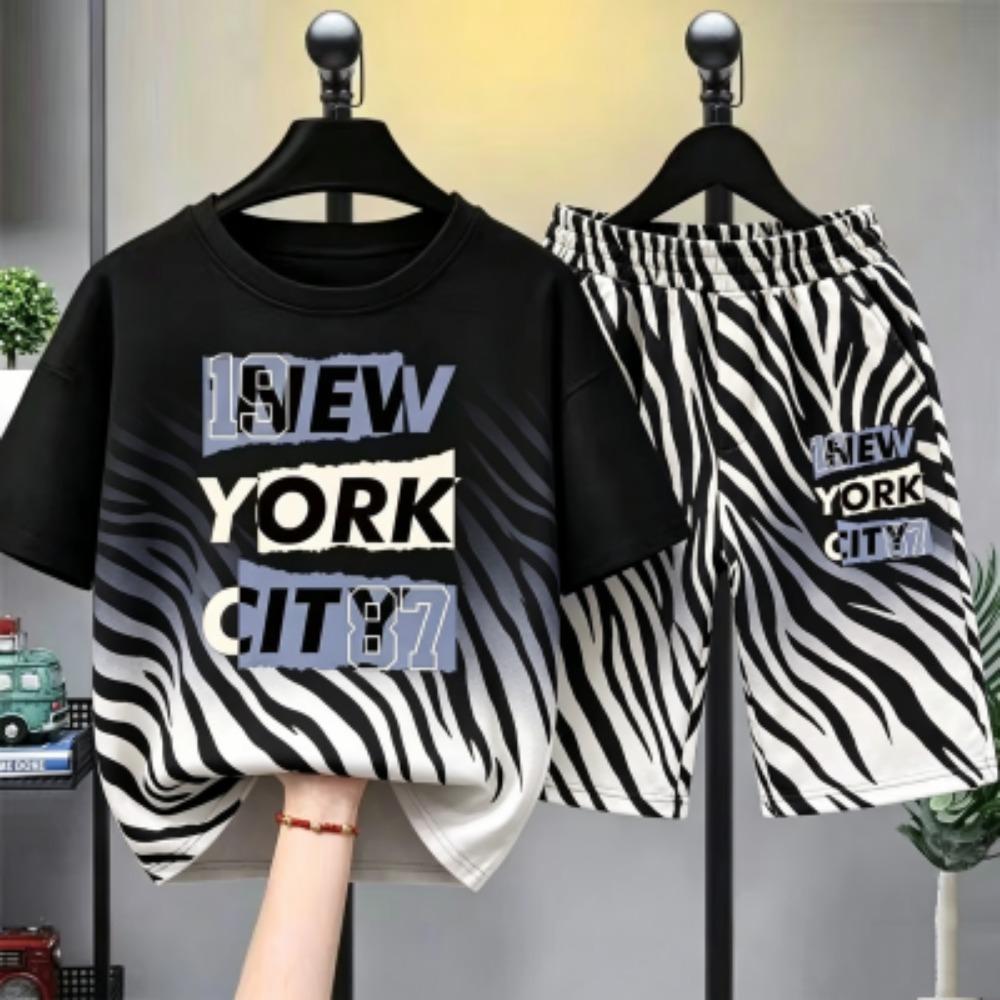 

Personalized Stripes Letter Printed Kids T-shirt and Shorts 2 Piece Set Summer Casual Outfit for Boys and Girls Kids T-shirt Set 100