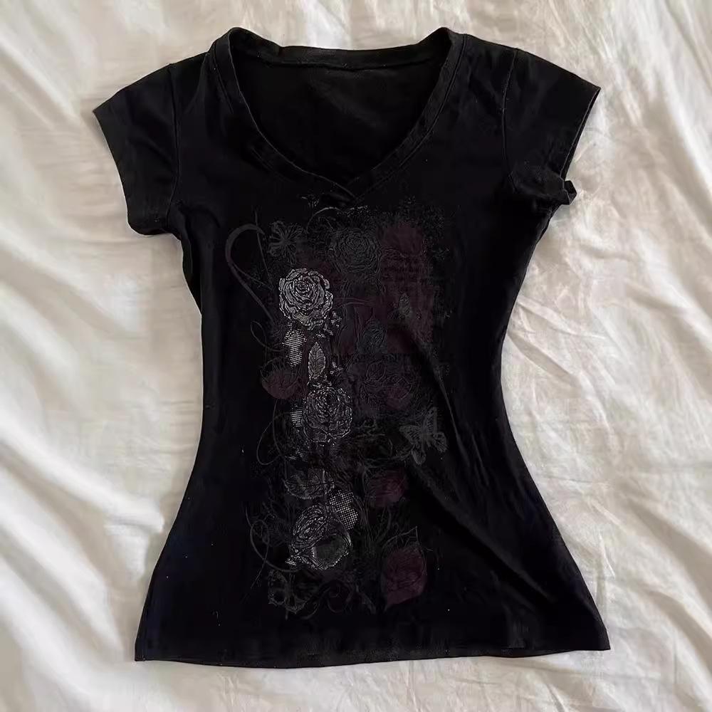 Retro Black Print T-shirt - 210g Pure Cotton, Slim Fit, Waist-Lined, Unique Design, Temperamental Style, 40s