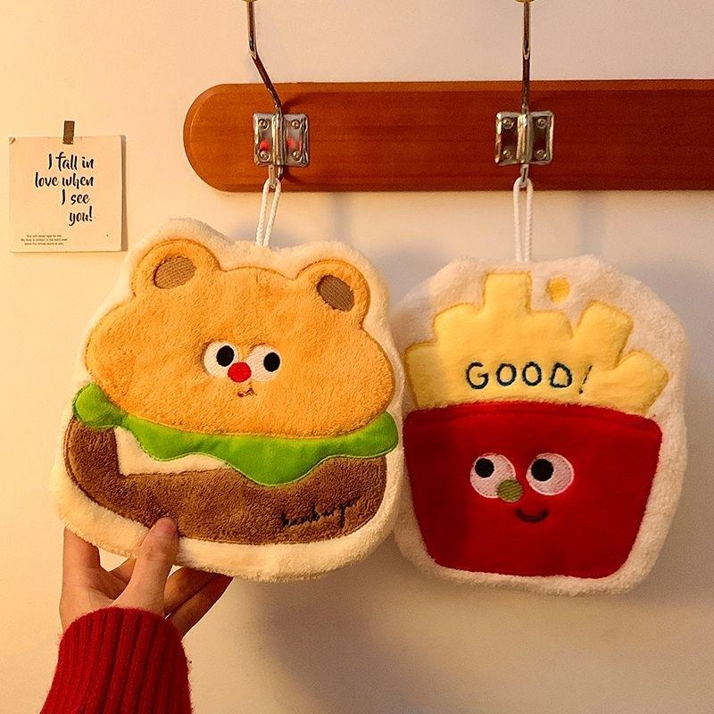 Cute French Fries Hand Towel Hanging Handkerchief Rag Bathroom Kitchen Towel Cartoon Burger Bear Thick