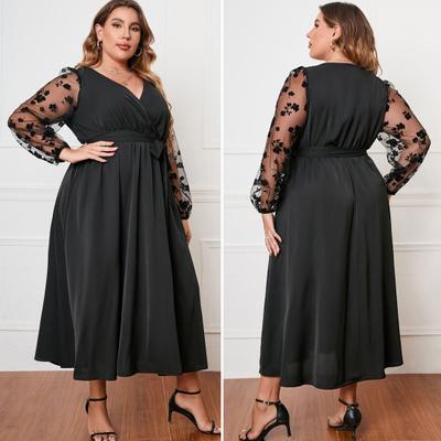 Damen Abendkleid V-Ausschnitt Bestickte Spitze Mesh Lange Ärmel Midi-Kleid Hohe Taille