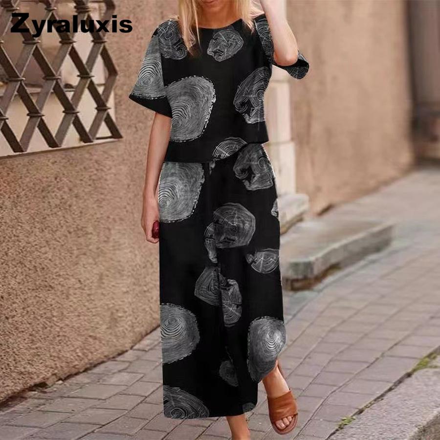 New Women's Printed Cotton Linen Floral Short Sleeve Casual Nine-Nine Pants Set Polyester