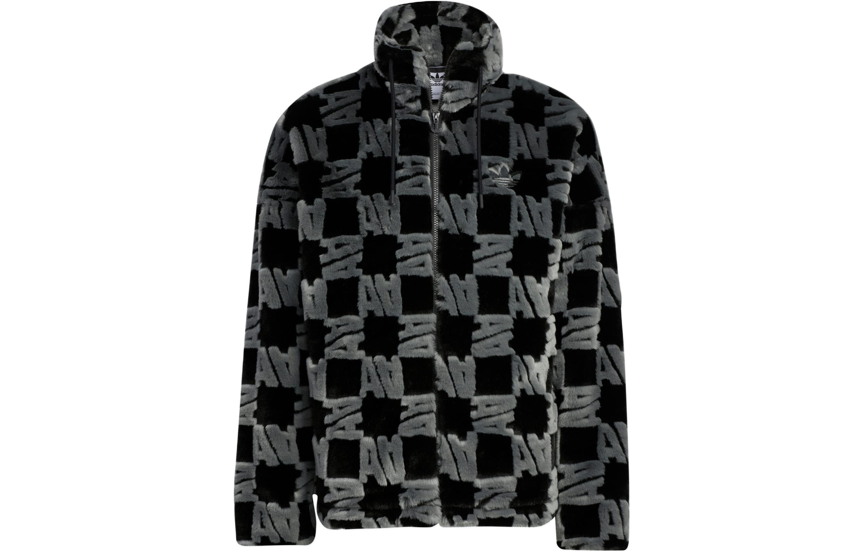 

Adidas Originals Logo All Over Print Pattern Zippers Stand Collar Fleece Lined Jacket Unisex Black HR3453 L