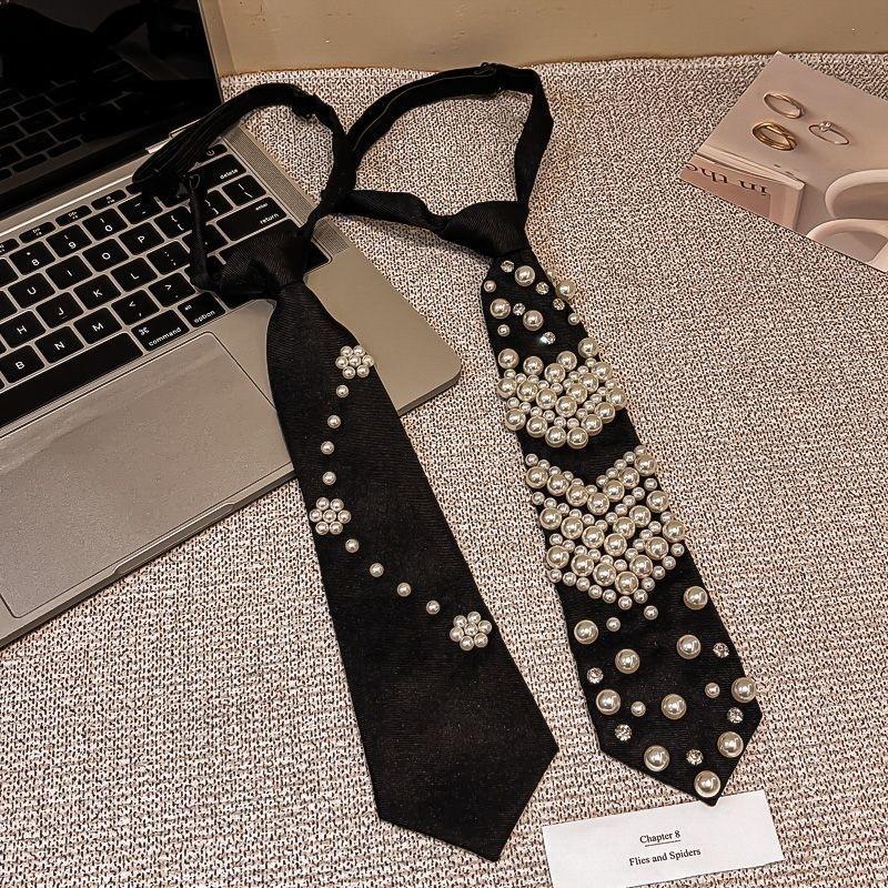 Pre Tied Black Fashion Neckties With Faux Pearl Rhinestone Decor Perfect For Party Wedding Daily Wear Special Events