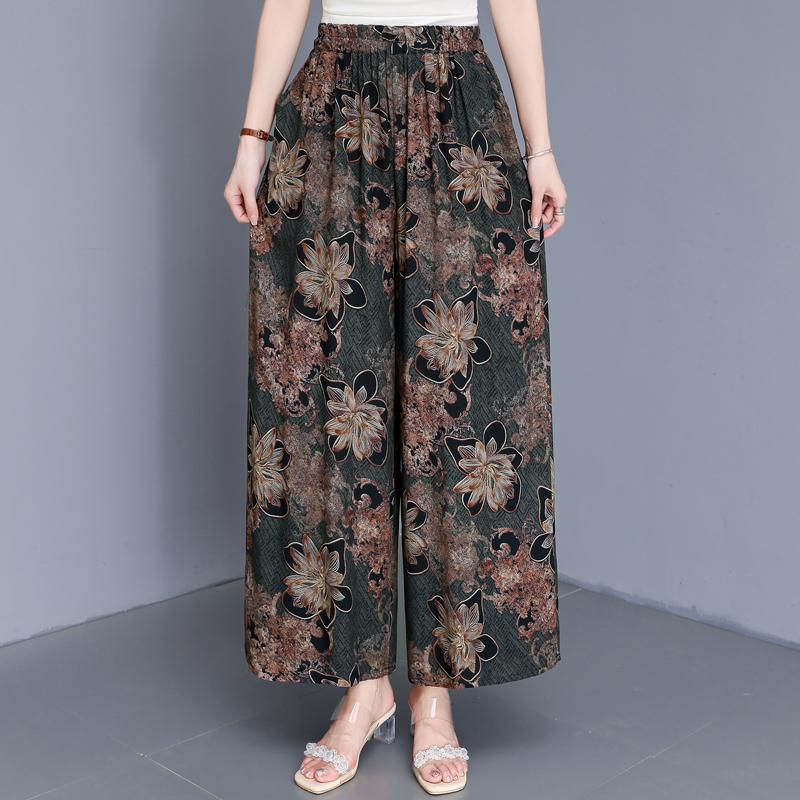 Women's Plus Size Cotton Silk Printed Wide Leg Pants, Elastic Waist Casual Summer Trousers (XL-5XL)