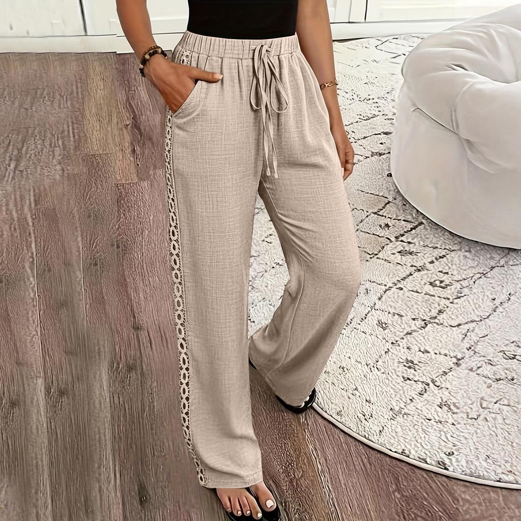 Ladies' Color Fashionable And Elegant Side Lace Slanted Pocket Casual Pants Long Pants