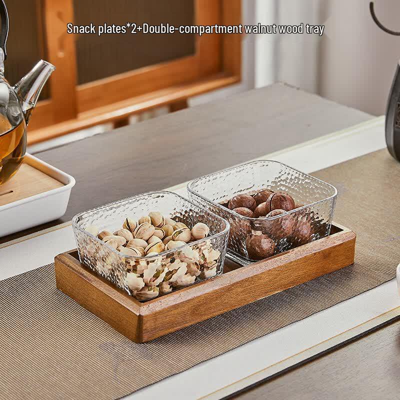 Qiwei Light Luxury Walnut Wood & Glass Fruit Snack Plate