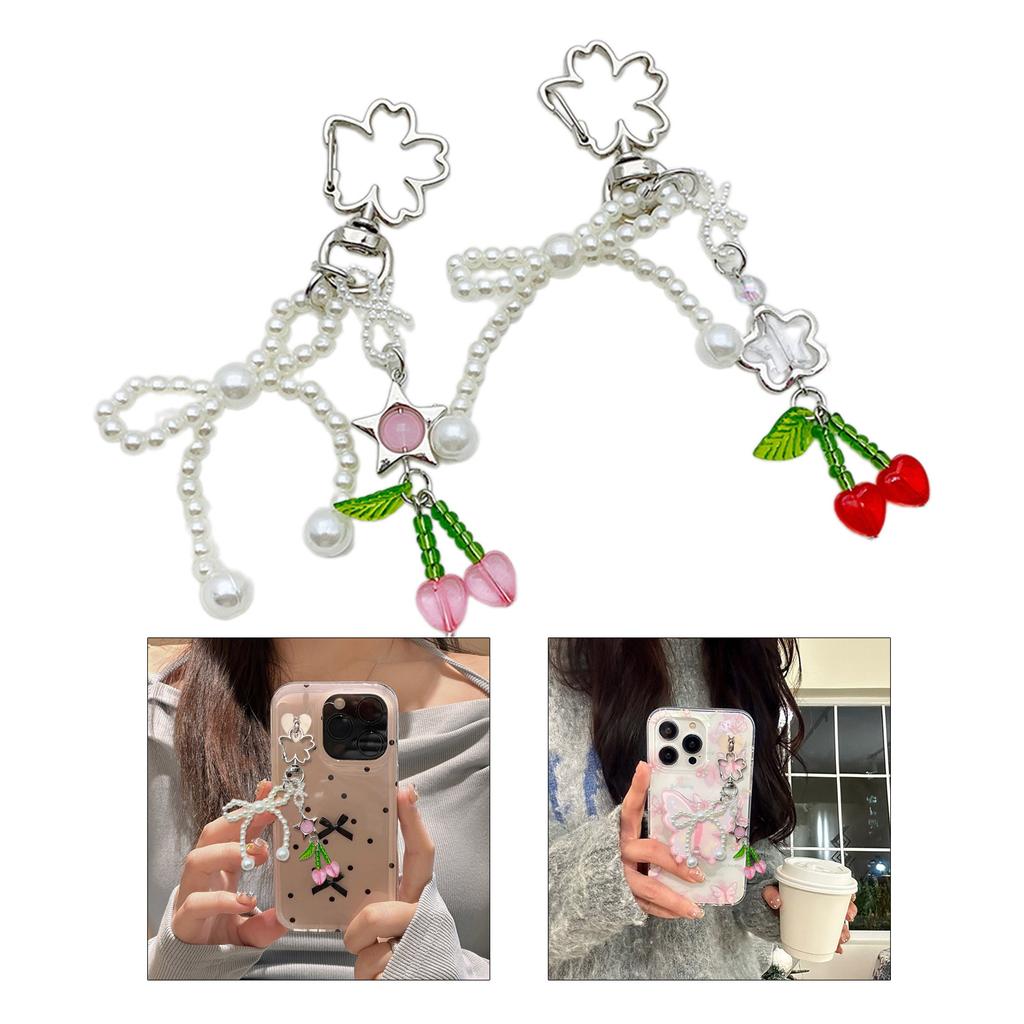 Handmade Pearl Bowknot Keychain with Cherry Keyring Ornament Bag Pendant Fashionable Accessory for Fashion Lovers