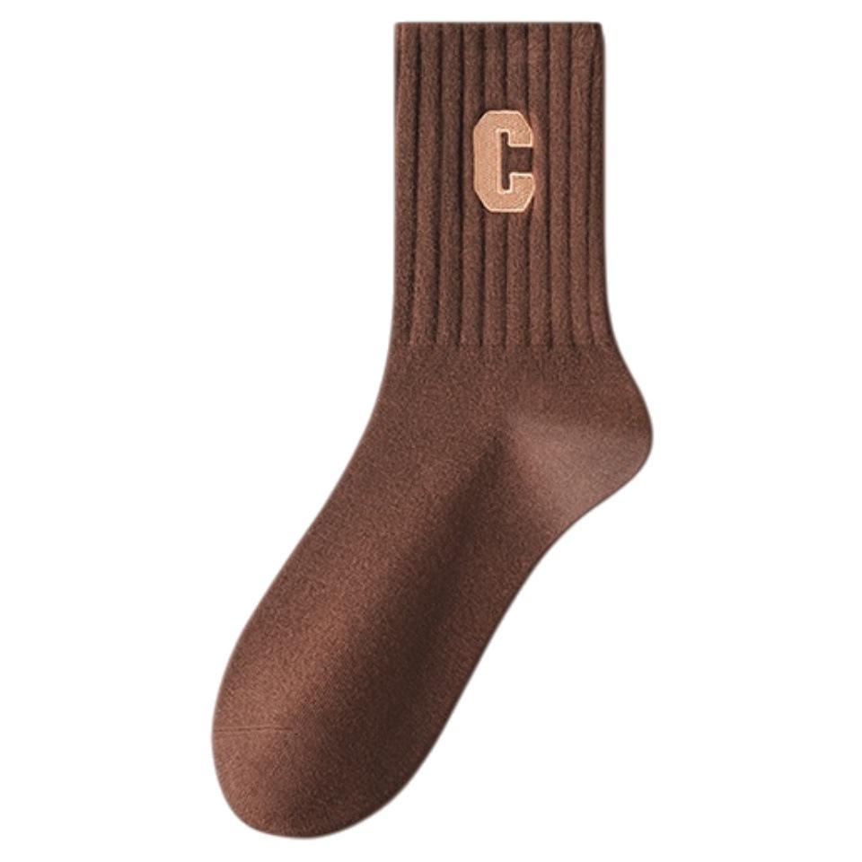 Women's Mid-calf Sweat-wicking Cotton Socks with Trendy Embroidered C Letter - Autumn/Winter Collection