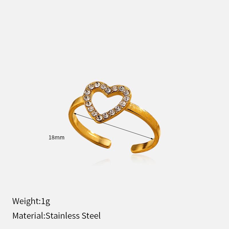 316L Stainless Steel Diamond Inlaid Heart Ring Luxury Premium Gold Open Adjustable Titanium Steel Band Ring 1