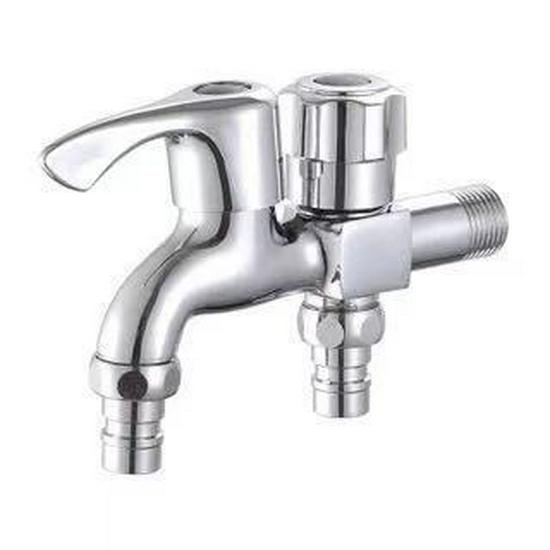 Copper Outdoor Washing Machine Faucet with Quick-Open Extended Spout, 4-Point Connect, 304 Stainless Steel, One-In Two-Out Design.