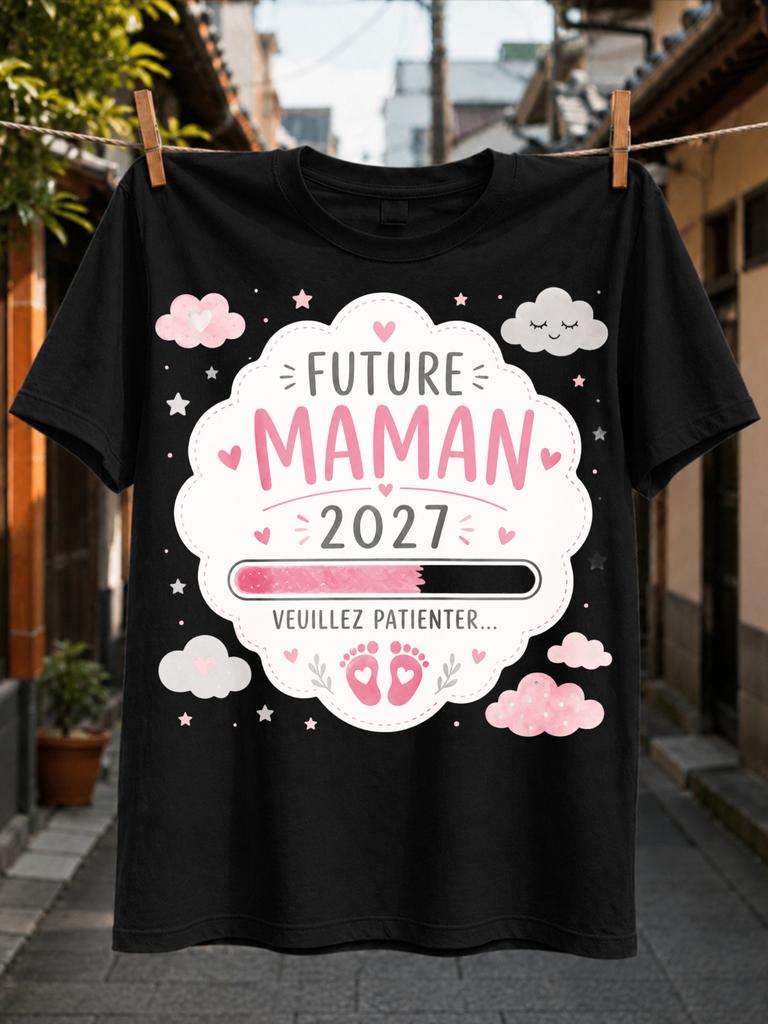 Future Maunisex 2027 Veuillez Patienter Lettering With Cloud Frame Pink Loading Bar Stars And Baby Unisex All TShirt