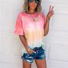 Summer Women's Short-sleeved T-shirt with O-collar Gradient Color Tie-dyed Fashionable Loose Top, Basic Street Large-sized Casual T-shirt