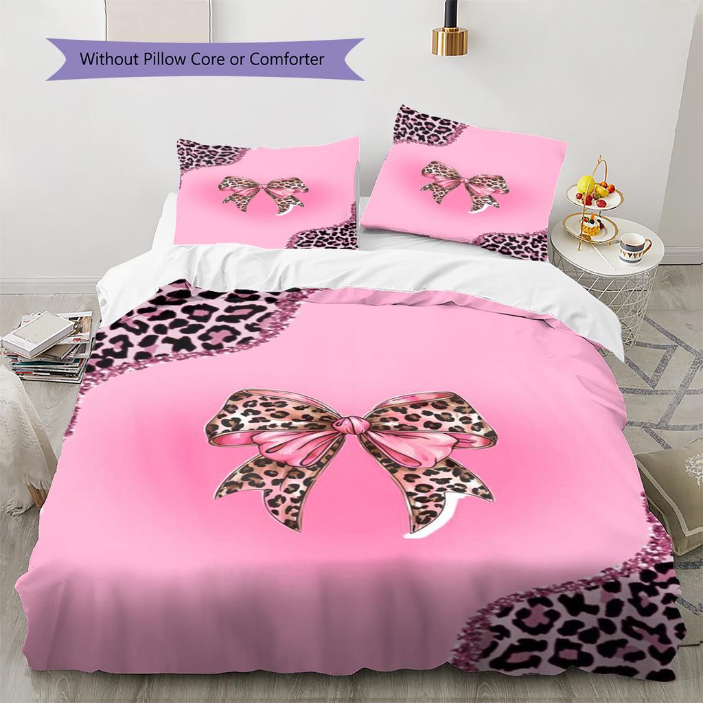 Růžová mašlička s leopardím vzorem Sada povlečení Přikrývka Potah na přikrývku Povlak na polštář Domácí dekorace Dárek (1 * povlak na peřinu + 2 * povlak na polštář, bez jádra)