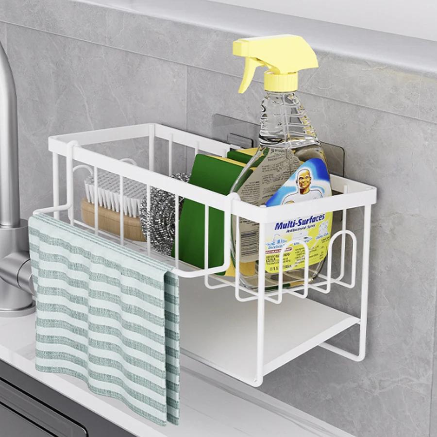 

Sink sponge holder caddy, hanging sink organizer with dishcloth bar and adhesive sticker, scrubber and brush storage basket 1-tier белый