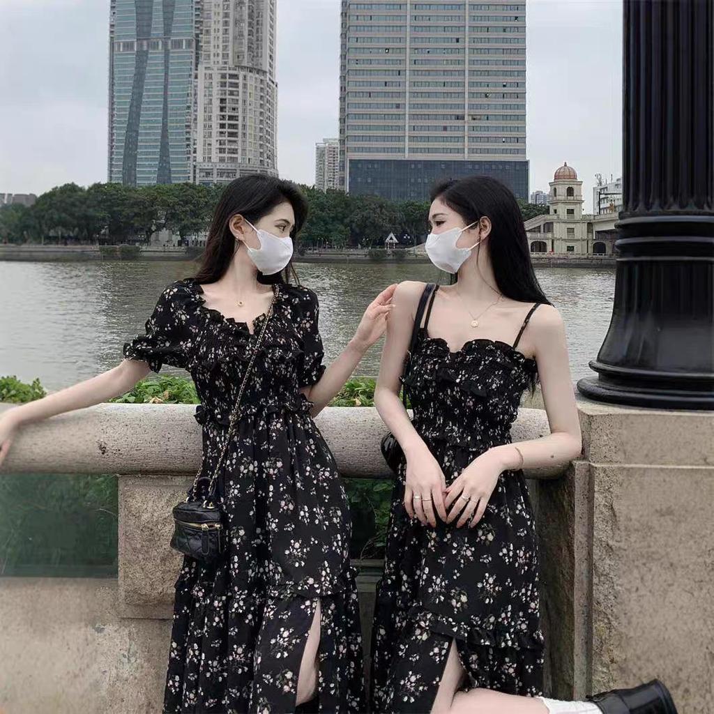 Chiffon Floral Summer Dress for Women - 2025 Design with Slimming Waist, Slit, and Square Neckline