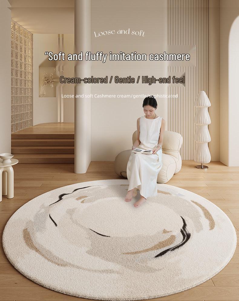 Krémový kulatý koberec: Vysoce kvalitní stylová podlahová rohož do ložnice, obývacího pokoje, pracovny, k pohovce nebo křeslu.