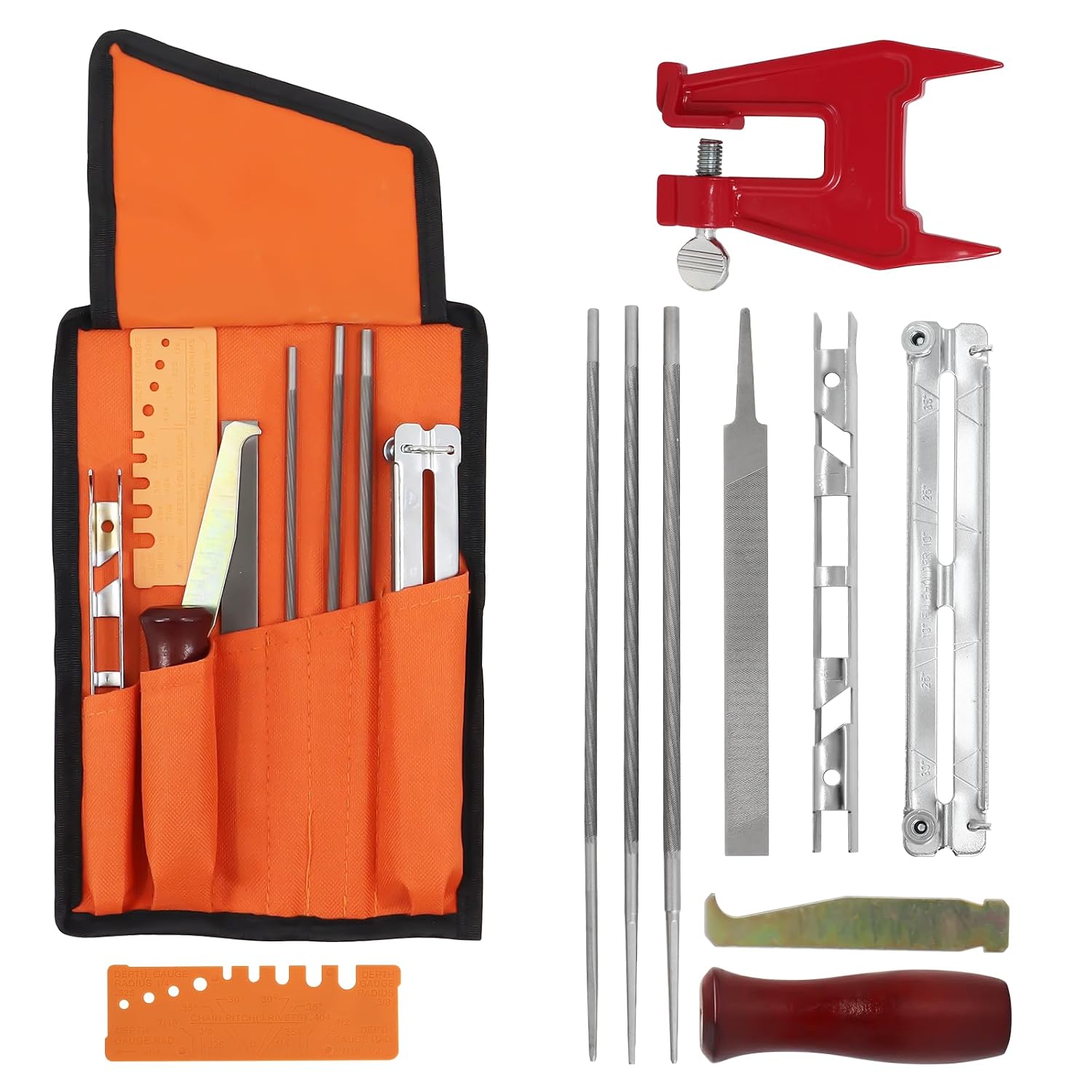 Chainsaw File Kit for Sharpening Filing Chainsaws - Include Files, Wood Handle, Depth Gauge, Filing Guide, Tool Pouch & Chainsaw Filing Stump Vise by D001