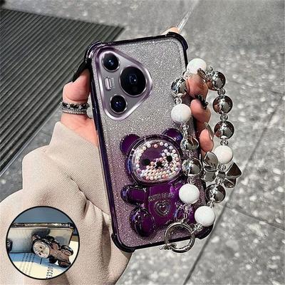 Luxury Bow Strap Bear Phone Holder Case For Huawei P30 Lite P40 P50 P60 Pura 80 70 Pro Mate 50Pro Glitter Shockproof Stand Cover