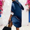Women Plus Size Collared Neck Long Sleeve Blue Printed Shirt Dress Button Front Curved Hem