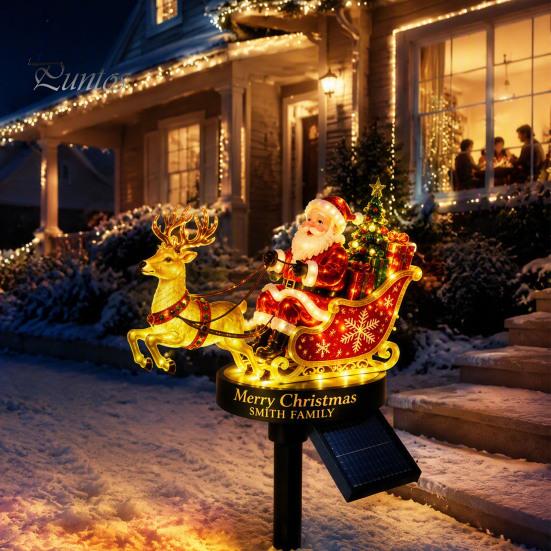 Decorative Lawn Stake for Christmas Santa And Reindeer Sleigh Solar Garden Light, Warm LED Pathway Claus Decorations Lamp, Powered Outdoor Waterproof
