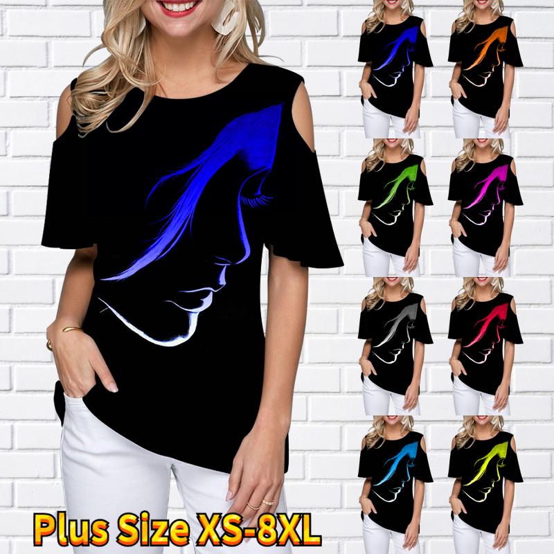 

2023 Summer Women Fashion Casual Elegant Tee Shirt Loose T-shirt Round Neck Off-the-shoulder Short Sleeve Floral Print Pullover