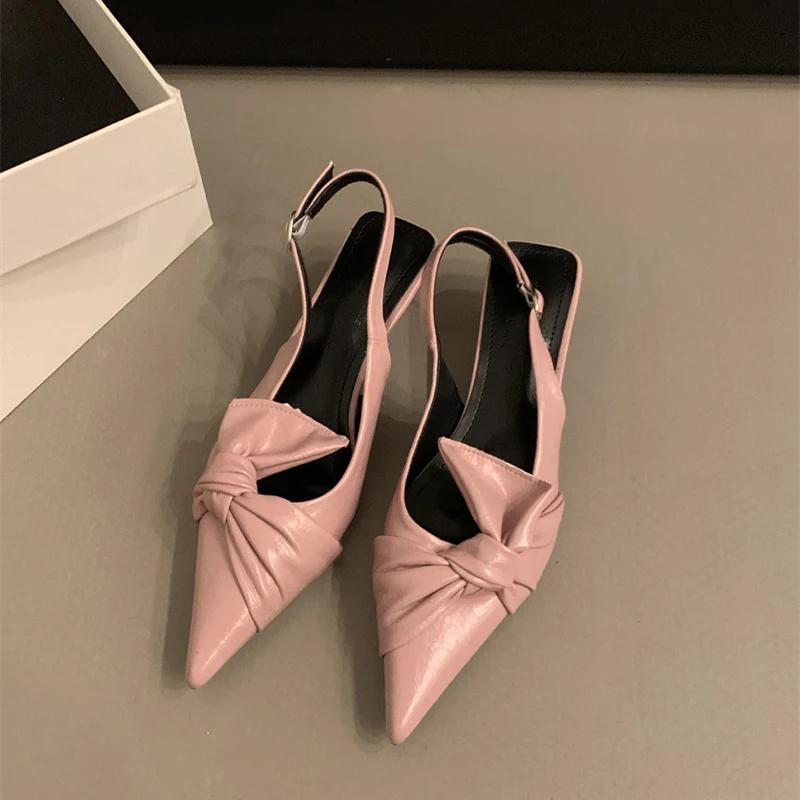 Summer Silvery Pointed Toe Women Sandals Fashion Butterfly-knot Singbacks Pumps Ladies Party Dress Low Heel Sandalias