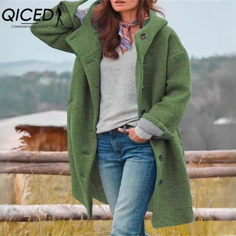 

QICED Женские винтажные повседневные куртки и пальто с принтом «клетка», осенне-зимние, с длинным рукавом и воротником поло L зелёный