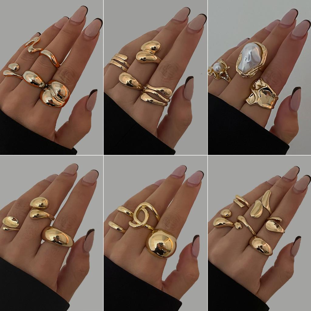 Landscape Water Drop Hug Open Ring, Liquid Metal Pleated Baroque Pearl Ring