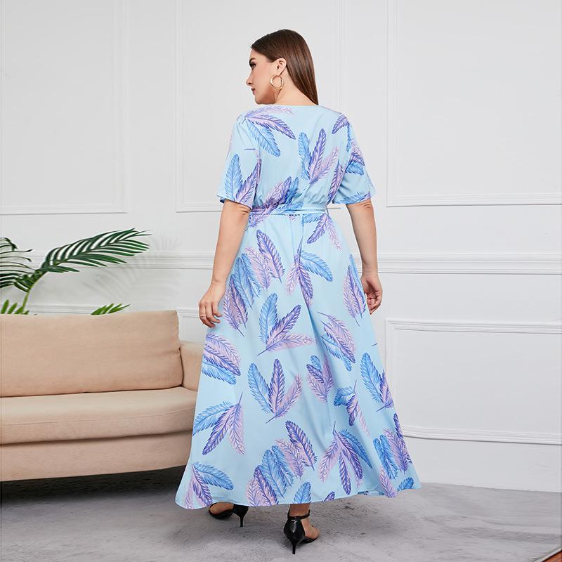 Summer Women's Dress Short Sleeve High Waist V-neck MIDI Dress Plus Size Temperament Printed Sexy Dress