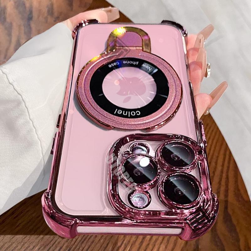 Luxury Shockproof Plating Soft TPU Bracket Phone Case for iPhone 16 15 14 13 11 12 Pro Max Plus Magsafe Magnetic Protect Cover