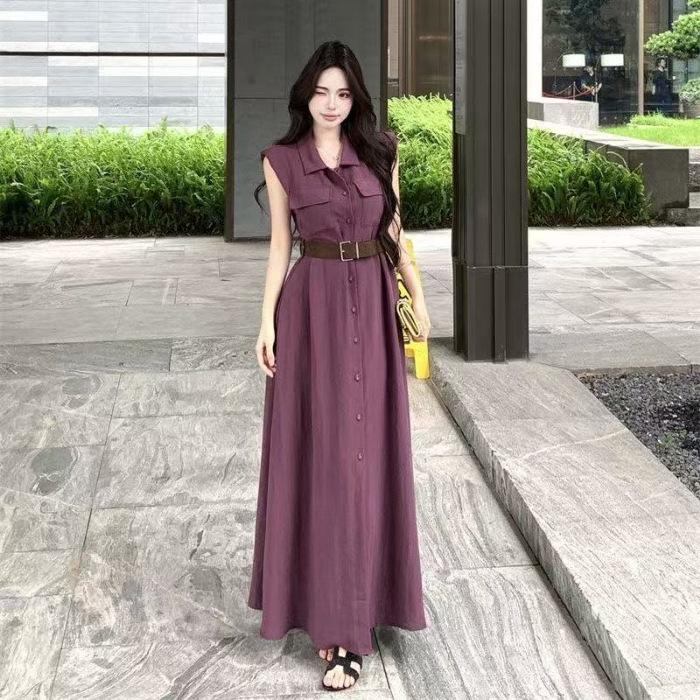 Elegantes schwarzes ärmelloses Kleid mit Hemdkragen & schlankmachender Taille