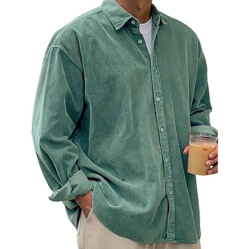 Camicia Casual Larga da Uomo in Velluto a Coste Europeo e Americano, Colore Unito, con Collo a Revers in Velluto a Coste