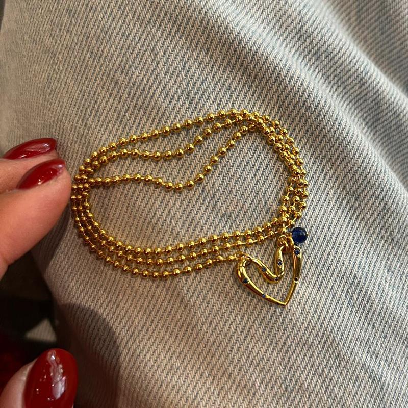 

Light luxury luster inlaid with blue crystal heart-shaped necklace irregular fresh round beads collarbone chain party jewelry золотой