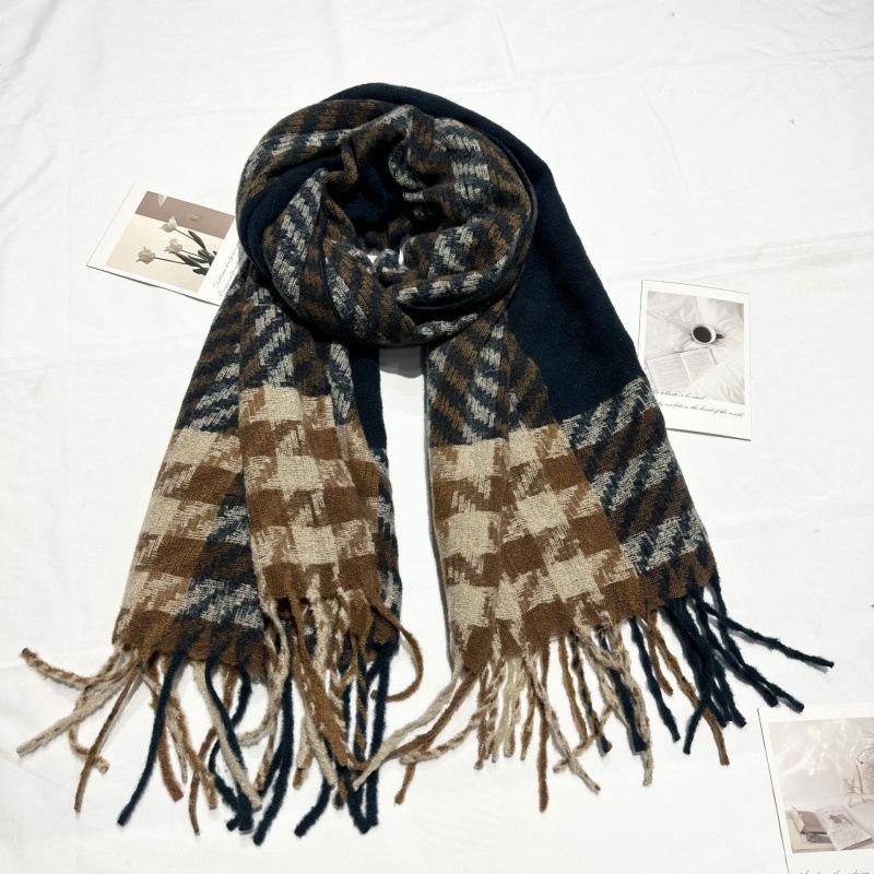 New Korean Style Houndstooth Plaid Scarf Retro Student Gift Long Tassel Warm Imitation Cashmere Scarf for Men