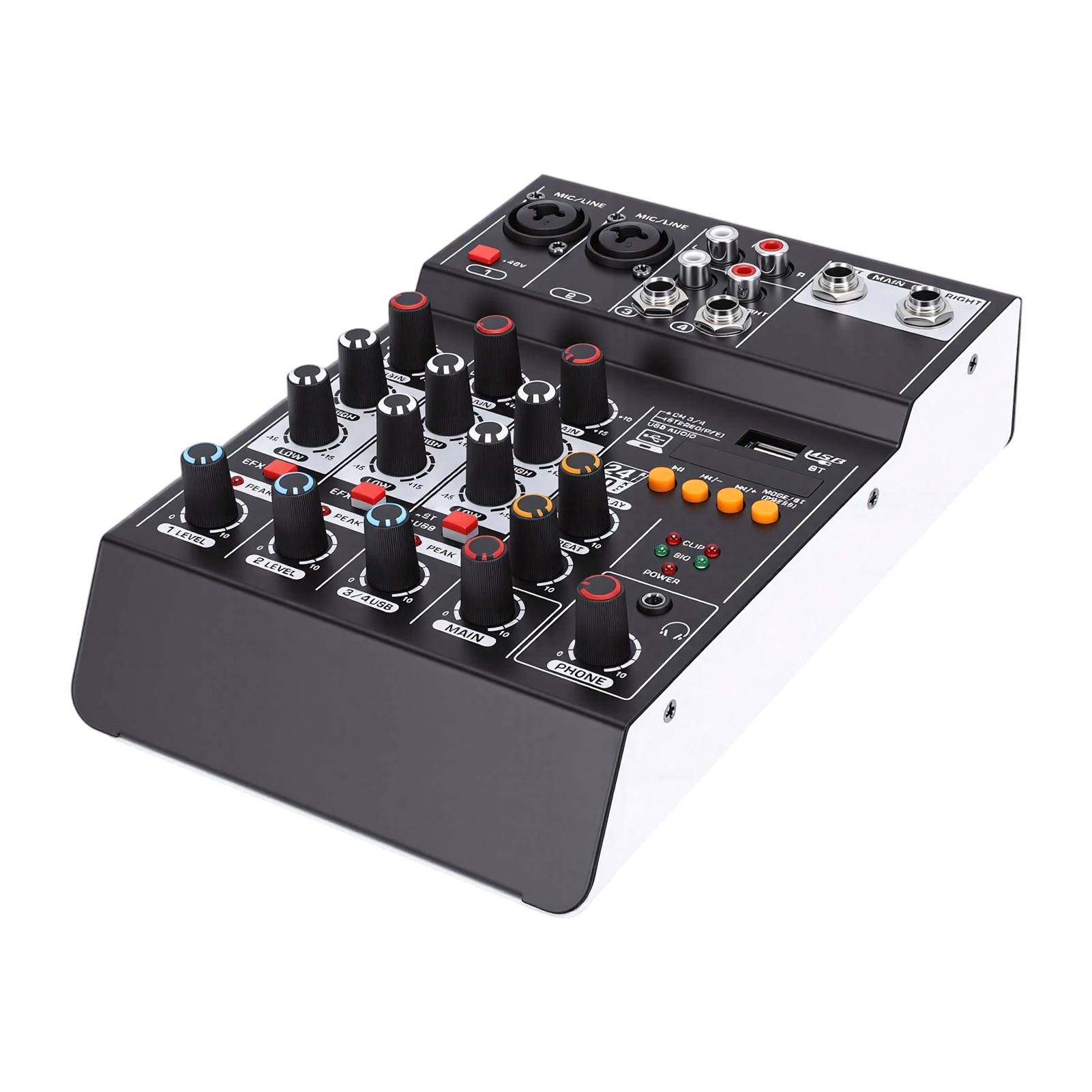 Sound Mixer USB MP3 Bluetooth Computer Input 4 Channel 48V Phantom Power Stereo DJ Mixer for Computer Recording Karaoke