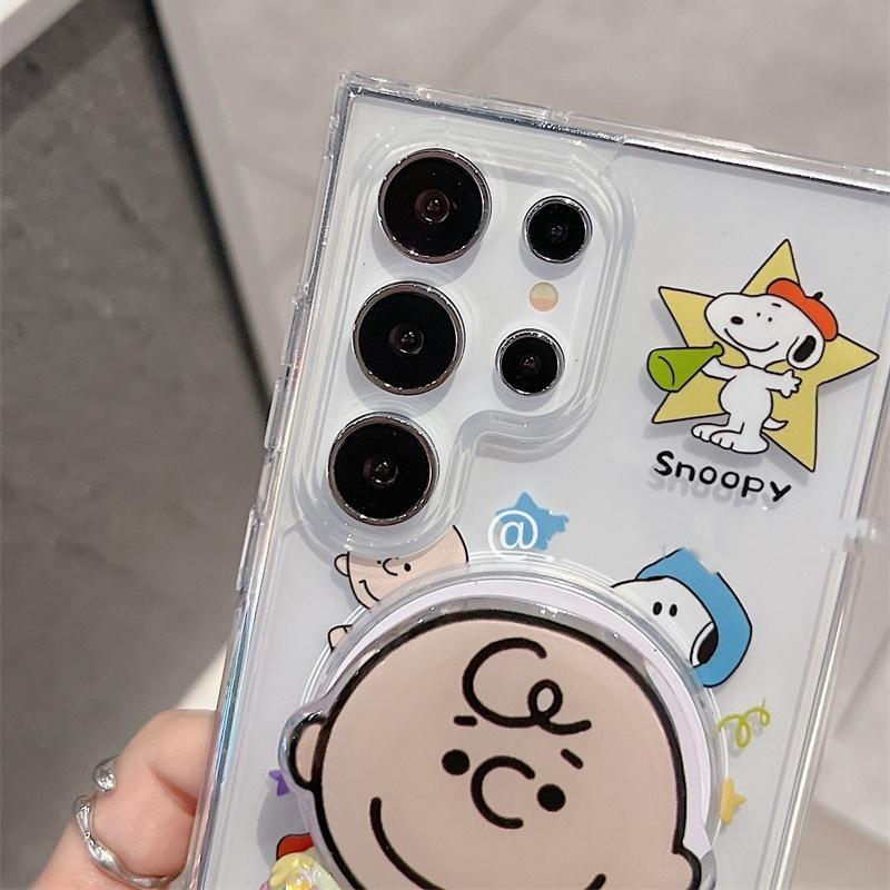 Funny cartoon Snoopy Charlie Magsafe Wireless Charge Case For Samsung S23 S22 S24 S25 Ultra Plus Cute Snoopy Magnetic Holder