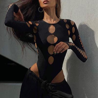Sexy Point Hollow Bodysuit Y2K Gothic Punk Long-sleeved Slim Bodysuit
