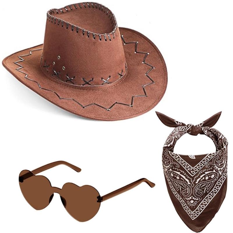 Западная Джинсовая Шляпа Костюм Шарф Очки Стильная Джинсовая Шляпа Широкие Поля Унисекс Шляпа для Мужчин и Женщин коричневый