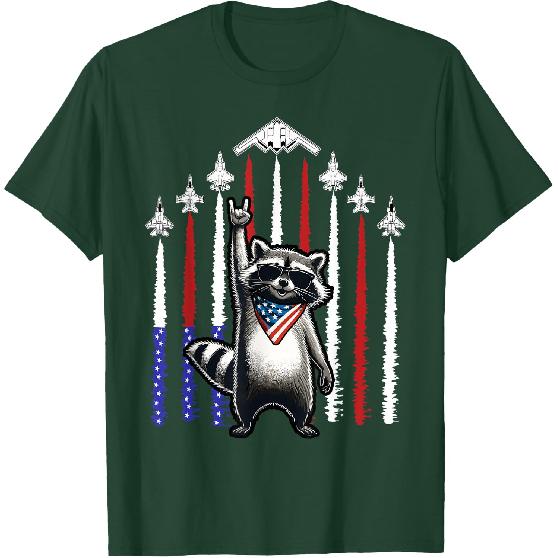 4th of July USA Flag Fighter Jets Raccoon Funny Patriotic T-Shirt