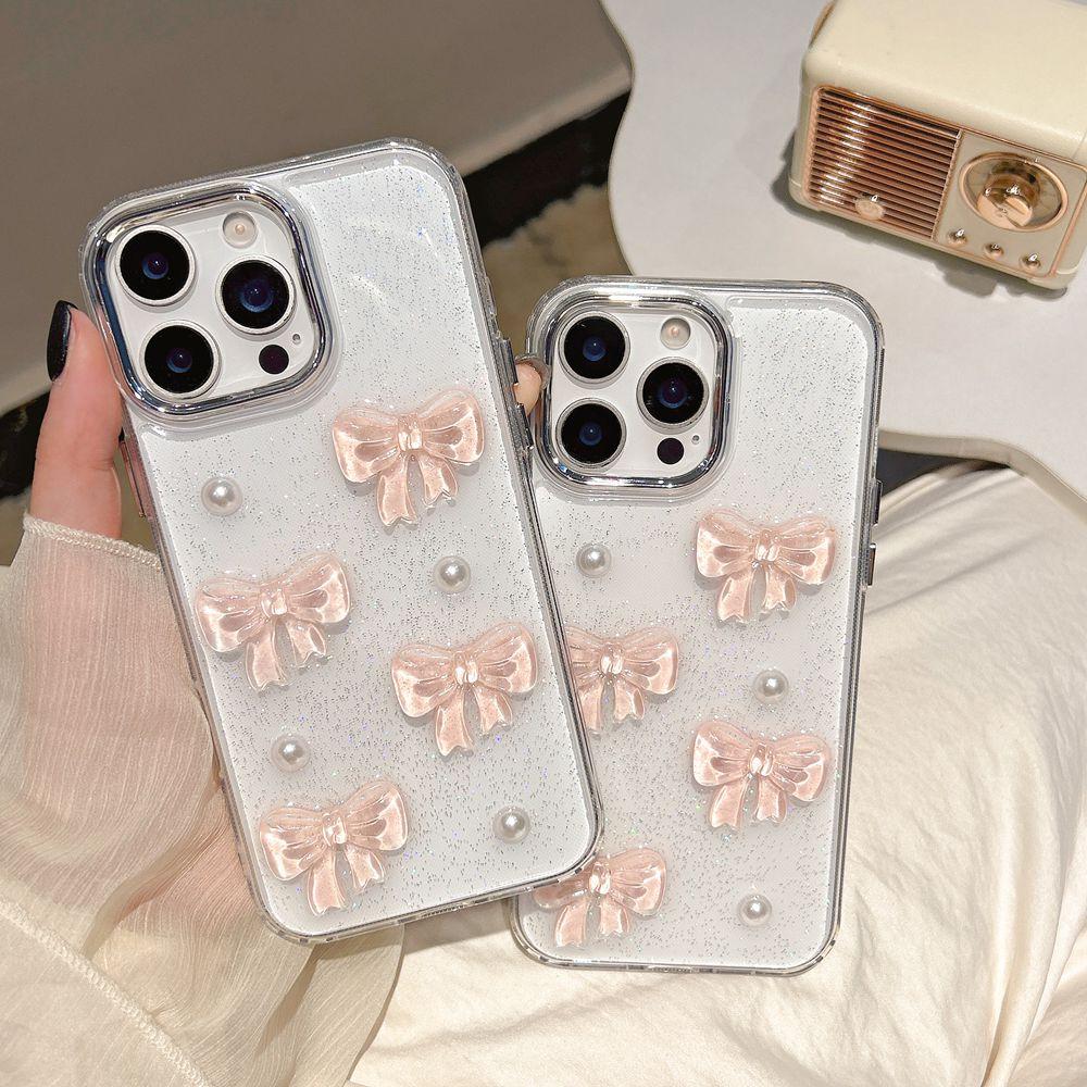 Korean Cute 3D Pink Bowknot Pearl Clear Phone Case For 16 15 14 13 12 11 Pro Max 16 Plus Shockproof Transparent Cover