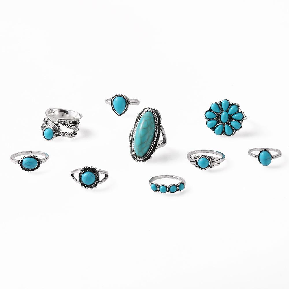 Vintage Bohemian Feather Turquoise Hollow 9 Piece Set Ring
