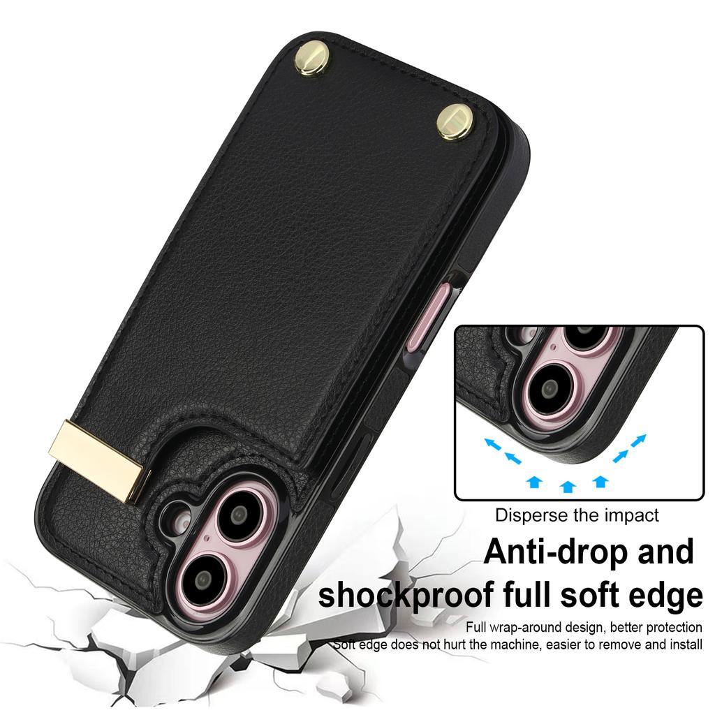 Für iPhone 16 Hülle TPU+PU Leder Hardware Dekor Handyhülle mit Kartenhalter